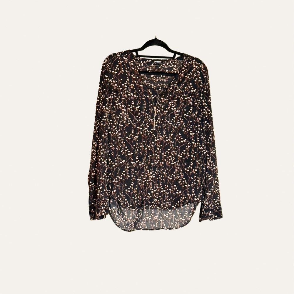 Express Floral Zip Front Blouse Medium Sheer Boho Roll Tab Sleeve Top